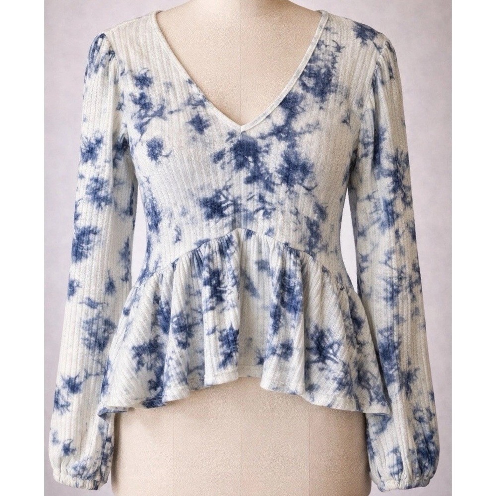 Altar'd State Boho Peplum Top Womens Small Blue Tie‎ Dye Babydoll Blouse